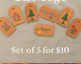 Hand-Painted Wood Tags | Rustic Gift Tags with Flowers, Trees & Words, Set of 5 for 10 dollars