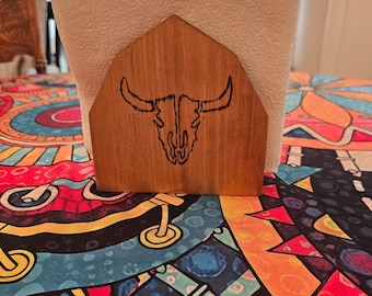 Handmade Rustic Wooden Napkin Holder – Western Horse & Steer Skull Design, Farmhouse Kitchen Table Décor