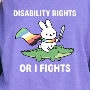 Puede incluir: Una camiseta morada con un conejo blanco de dibujos animados montado sobre un caimán verde. El conejo lleva una capa arcoíris y sostiene una espada. El texto DISABILITY RIGHTS OR I FIGHTS aparece en letras blancas sobre el diseño.