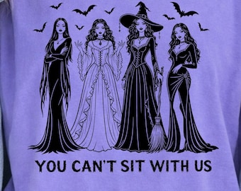Nie możesz usiąść z nami, Halloween Witches Png, Straszna gotycka koszulka damska, Zabawny projekt koszulki inspirowany filmem grozy, Prezent dla drużyny dziewcząt na Halloween