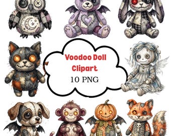 Pakiet 10 lalek voodoo w formacie PNG, urocze, przerażające pluszowe lalki w stylu gotyckim, upiorne postacie z Halloween, cyfrowy dziennik śmieci do druku