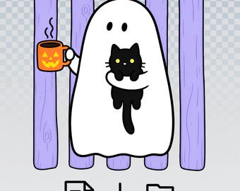 Uroczy duch czarnego kota na Halloween PNG, straszna jesienna dyniowa koszulka z kawą, zabawny pasiasty czarny kot na Halloween PNG, prezent na Halloween dla miłośnika kotów