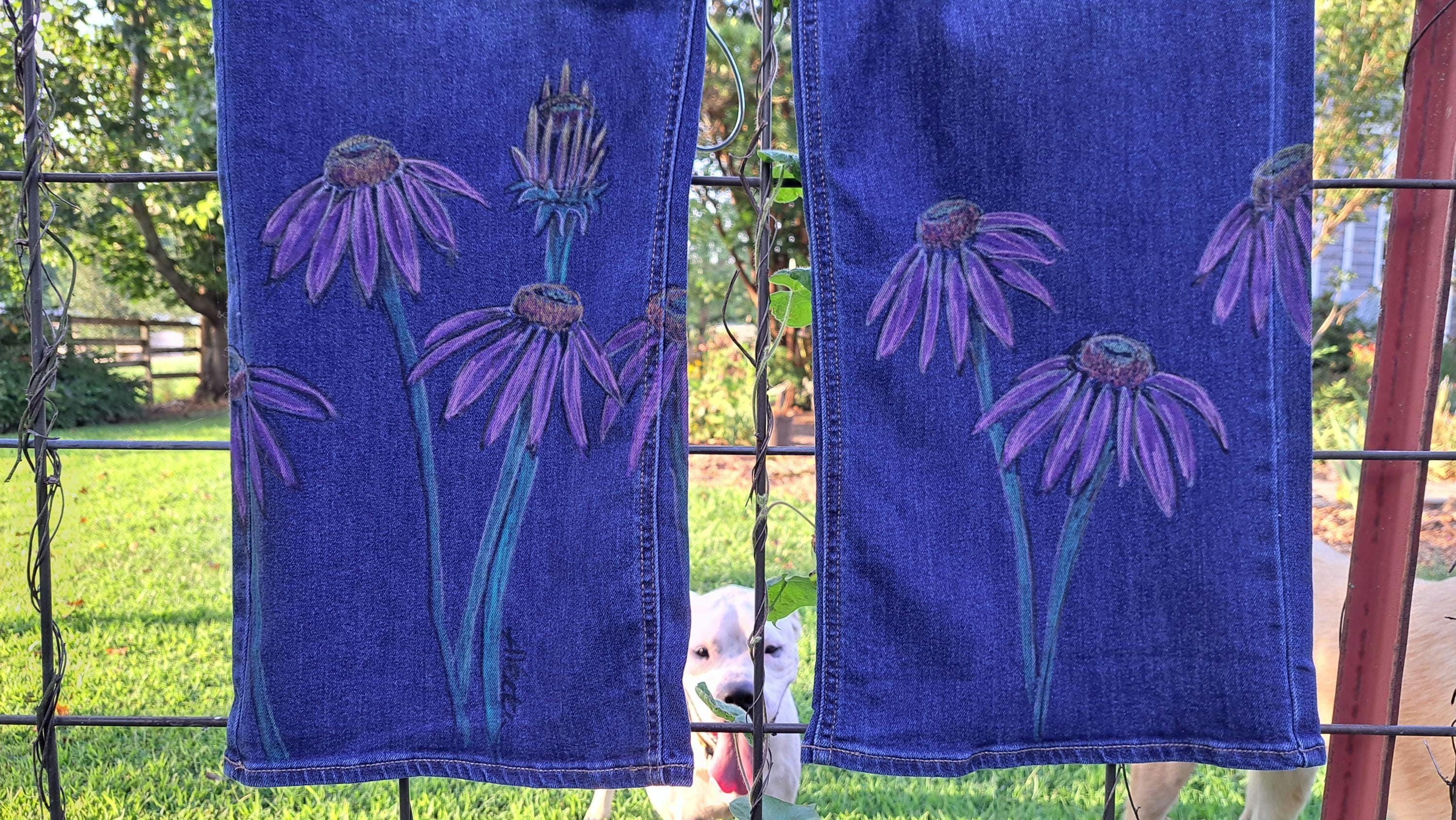 Hand-painted Purple Coneflower Denim Jeans, Wrap-around Both Legs