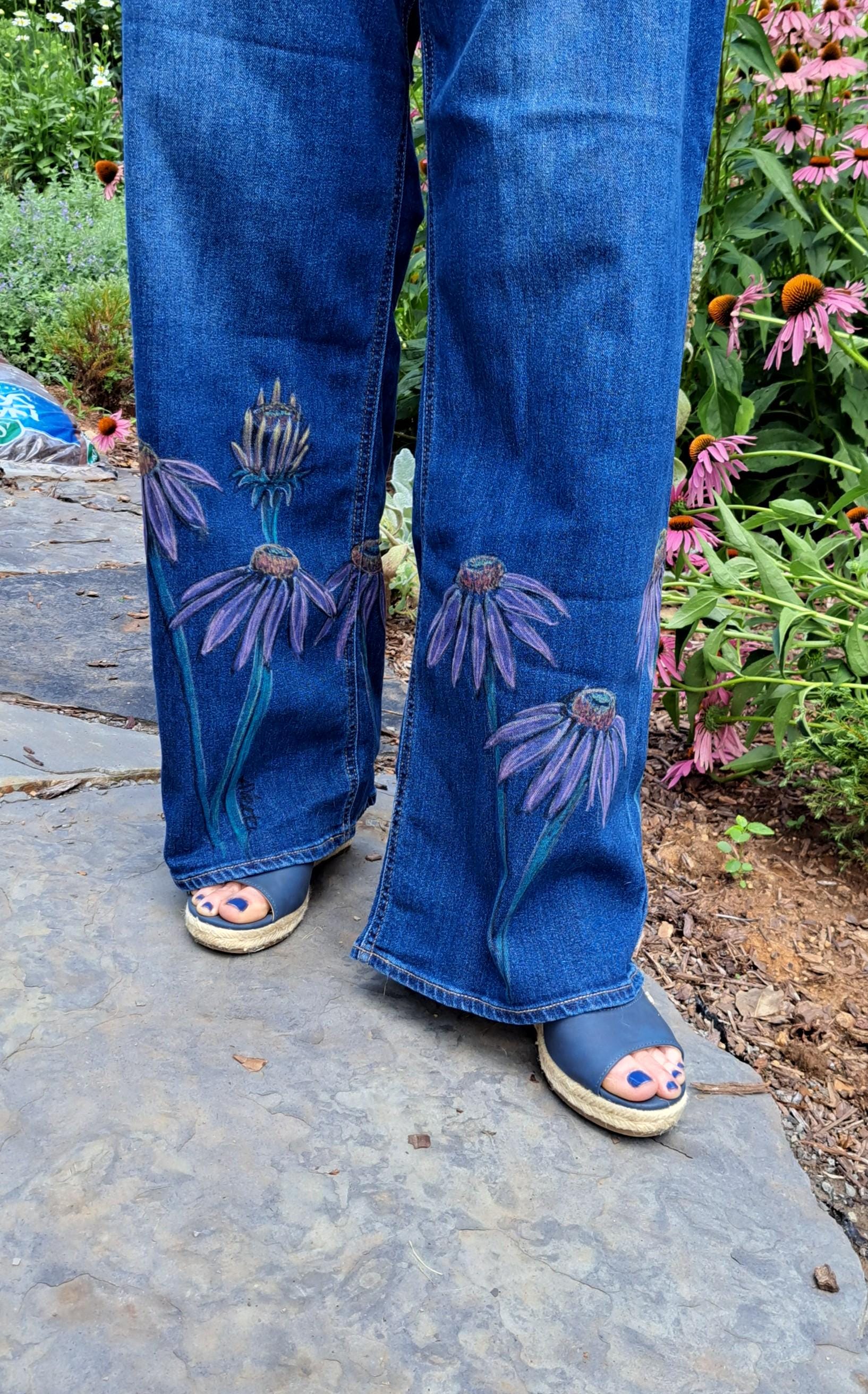 Hand-painted Purple Coneflower Denim Jeans, Wrap-around Both Legs