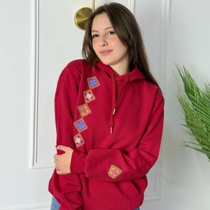 Red Hoodie with Palestinian Tatreez Embroidery | Handmade