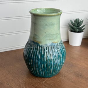 Handmade Two-Tone Ceramic Vase: Carved Teal & Mint Green Pottery