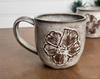 Handmade Ceramic Mug with Blossoms: Relief Flower Design Mug