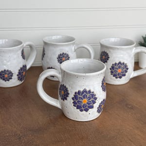 Hand-thrown Ceramic Mug, Speckled White, Purple Dahlia Bloom: Floral Pottery Coffee Cup