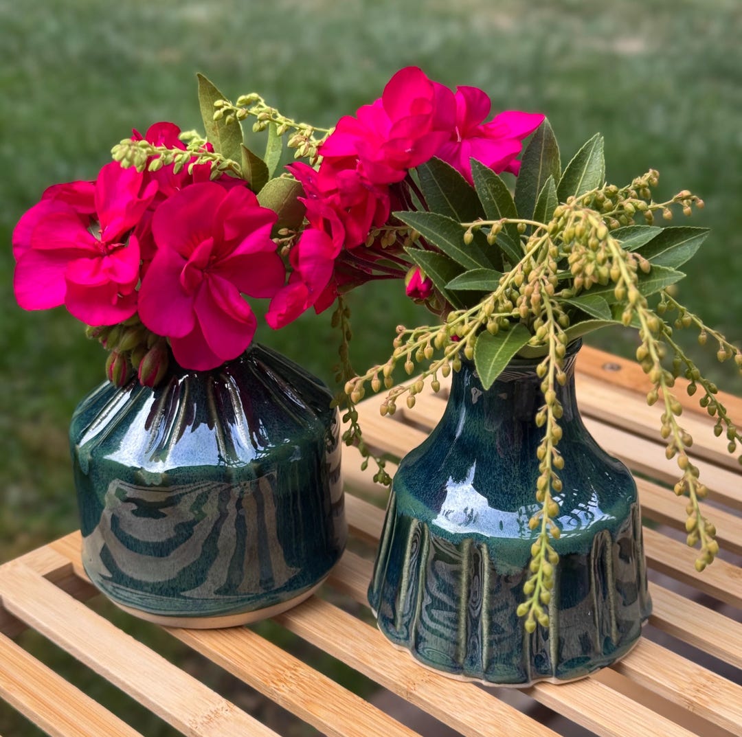 Handmade Teal Green Pottery Vase Set: Wheel Thrown Ceramic Bud Vases ...