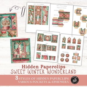 May include: A collection of printable papercraft elements with a winter theme. The image includes paperclips, pockets, tags, and ephemera with a color palette of teal, pink, and cream. Text reads "Hidden Paperclips Sweet Winter Wonderland".