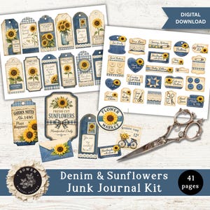 May include: A digital junk journal kit featuring 41 pages of printable tags, labels, and ephemera with sunflower and denim patterns. The collection includes various rectangular and shaped cards, sewing-themed motifs, and vintage-style graphics.