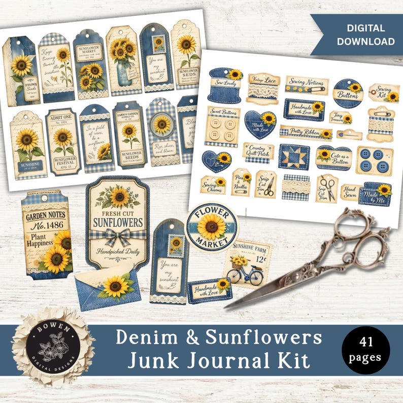 May include: A digital junk journal kit featuring 41 pages of printable tags, labels, and ephemera with sunflower and denim patterns. The collection includes various rectangular and shaped cards, sewing-themed motifs, and vintage-style graphics.
