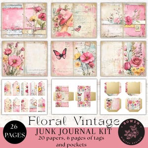 Floral Vintage Junk Journal Kit, Shabby Chic Floral Papers for Spring Junk Journaling & Scrapbooking, Digital Papers for Instant Download