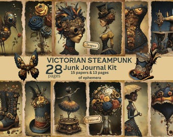Victorian Steampunk Junk Journal Kit, Steampunk Printables and Ephemera for Scrapbook, Digital Journal Tags