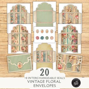 Op de afbeelding: Een verzameling van 20 vintage bloemenenveloppen met 8 verwisselbare zegels. De enveloppen hebben bloemen- en streepjespatronen in pastelkleuren. De tekst "Vintage Floral Envelopes" wordt weergegeven.