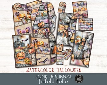 Junk Journal Watercolor Halloween Trifold Folio Kit, Ephemera, Pockets, Tags for Scrapbooking, Junk Journal Printables