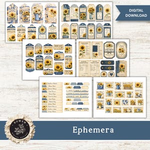May include: A collection of digital ephemera sheets featuring sunflower illustrations, vintage-style tags, labels, and journal tabs in shades of blue, cream, and yellow. The designs include floral motifs, gingham patterns, and text elements like Sunflower Market.