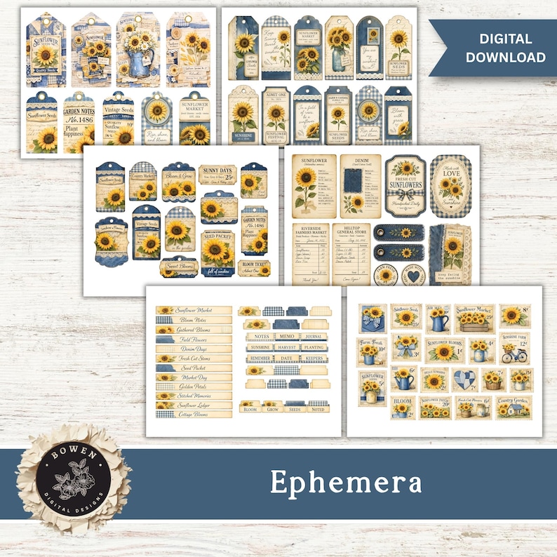 May include: A collection of digital ephemera sheets featuring sunflower illustrations, vintage-style tags, labels, and journal tabs in shades of blue, cream, and yellow. The designs include floral motifs, gingham patterns, and text elements like Sunflower Market.