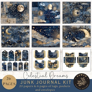 Puede incluir: Un kit de diario basura con temática celestial. El kit incluye 20 papeles, etiquetas, bolsillos y sobres. Los diseños presentan lunas, estrellas y nubes en tonos azules, dorados y beige. El texto de la imagen dice "Celestial Dreams" y "26 páginas".