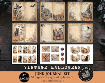 Vintage Halloween Junk Journal Kit, Witchy Halloween Ephemera Scrapbooking with Tags, Digital Papers for Instant Download,