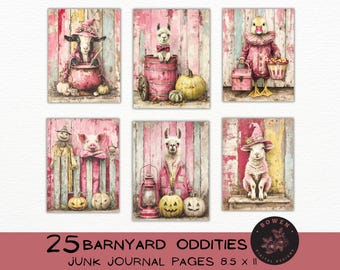 May include: A collage of six whimsical illustrations featuring barnyard animals in costumes. The images include a goat, llama, duck, scarecrow, pig, and sheep, each with pumpkins and set against a rustic, pink-toned background. Text reads "25 Barnyard Oddities Junk Journal Pages 8.5 x 11".