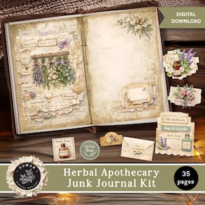 May include: A digital download junk journal kit featuring an open book with botanical illustrations of lavender, mint, and eucalyptus. The kit includes various paper ephemera, labels, and tags with text like Herbal Tonic, Olde Apothecary, and Sage & Lavender.