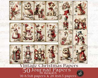 Op de afbeelding: Een verzameling vintage kerstpapieren met diverse illustraties. De afbeeldingen bevatten een kardinaal, een uil, een kat, een hond en andere feestelijke personages. De tekst op de afbeelding luidt "Vintage Christmas Papers, 50 Journal Papers, 70 IMAGES, 30 8.5x11 papers & 20 11x8.5 papers."
