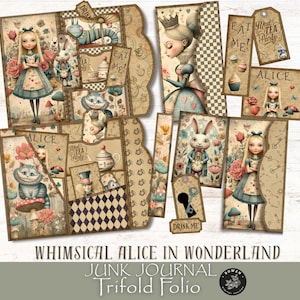 May include: A collection of whimsical Alice in Wonderland-themed junk journal ephemera. The set includes illustrated cards, tags, and a trifold folio, featuring characters like Alice, the Cheshire Cat, and the White Rabbit. The color palette is vintage with soft blues, pinks, and browns.