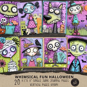Peut inclure: Ensemble d'impressions artistiques fantaisistes sur le thème d'Halloween. Les images présentent des personnages de dessins animés tels qu'un zombie, une sorcière et le monstre de Frankenstein. La palette de couleurs comprend le violet, le vert et l'orange. Le texte sur l'image indique "WHIMSICAL FUN HALLOWEEN 20 21.6cm X 28cm SINGLE JUNK JOURNAL PAGES VERTICAL PAGES 300DPI."