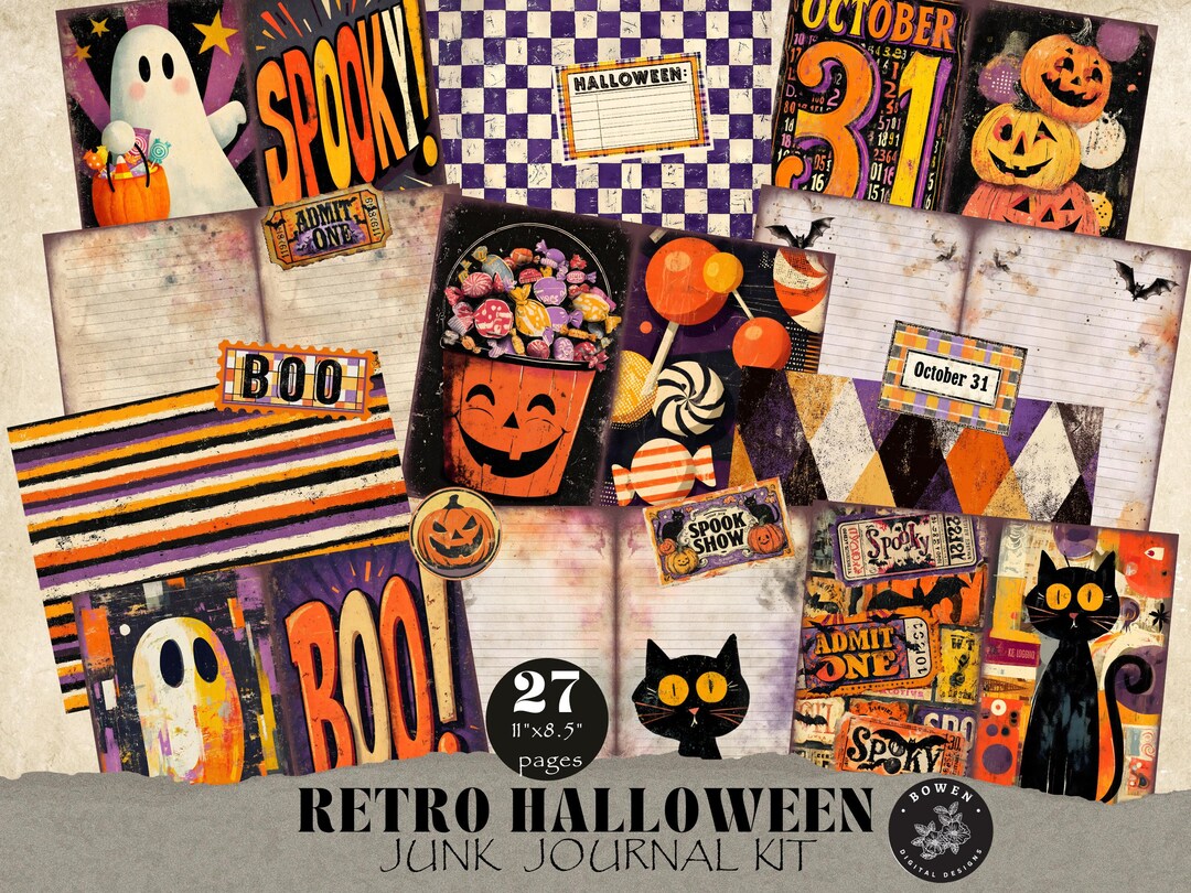 Retro Halloween Junk Journal Kit, Junk Journal Folio, Tags, Background ...