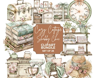Watercolor Cozy Cottage Clipart, Cottagecore Clip Art, Rustic ClipArt, Planner Stickers, Vintage PNG, Digital Download, Commercial Use