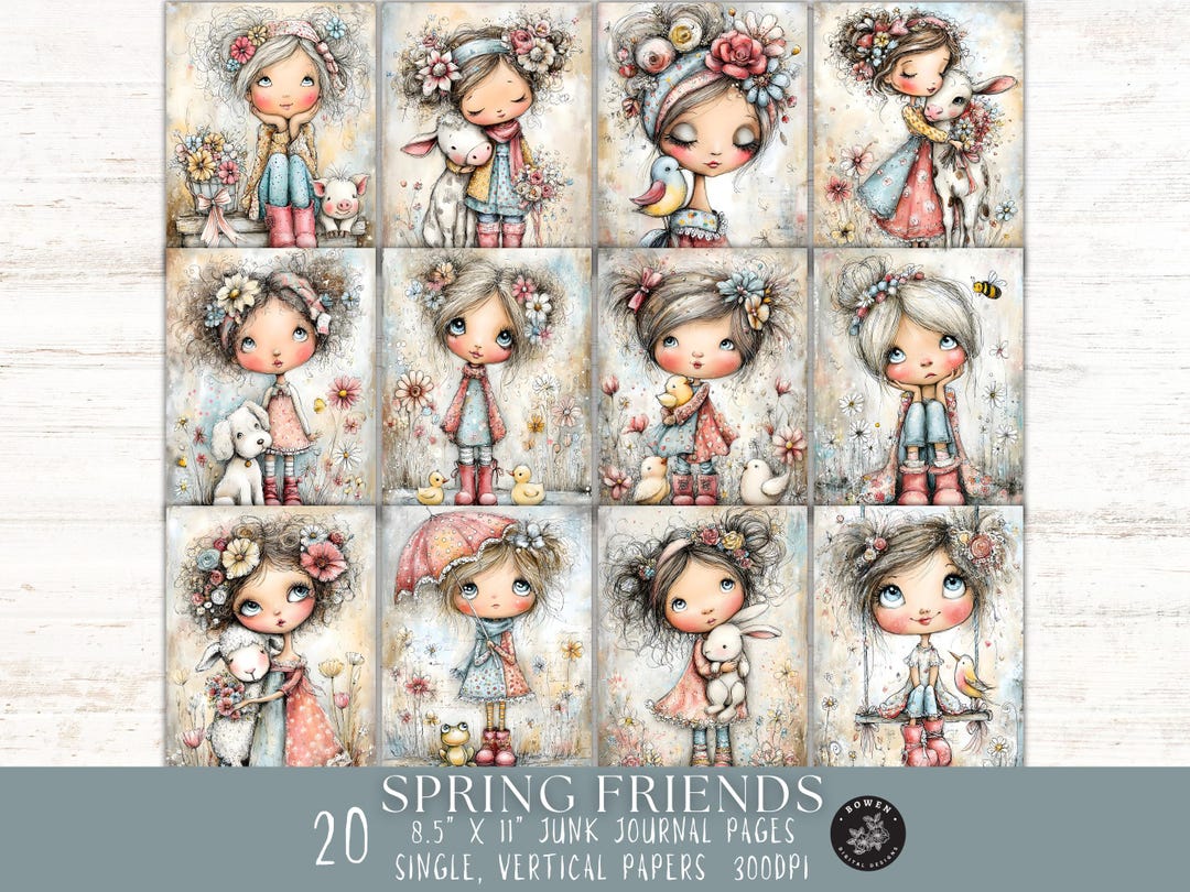 Whimsical Spring Friends Papers, Spring Junk Journal Pages, Floral ...