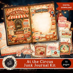 May include: A digital junk journal kit featuring circus-themed graphics including a ticket booth, popcorn containers, and show posters. The pages display red and cream striped patterns, vintage typography, and decorative rosettes with a 72-page count.