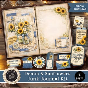 May include: A digital junk journal kit featuring denim and sunflower themes. The kit includes an open journal page with sunflower illustrations, various tags, labels, and cards with text like "Sunshine Farm," "Garden Notes," and "Fresh Cut Sunflowers."