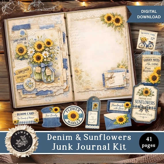 Denim and Sunflower Junk Journal Kit, Fussy Cuts, Printable Journal Pages, Tags, Ephemera, Folio Inserts, Summer Garden Journal Paper