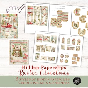 May include: A collection of printable papercraft elements with a rustic Christmas theme. Includes paperclips, pockets, tags, and ephemera featuring red trucks, winter scenes, and holiday designs. The text reads "Hidden Paperclips Rustic Christmas".