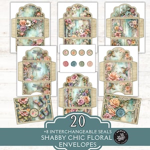 Op de afbeelding: Een verzameling van 20 shabby chic bloemenenveloppen met 8 verwisselbare zegels. De enveloppen hebben aquarel bloemmotieven met vlinders, libellen en kolibries. Het kleurenpalet omvat zachte blauw-, roze- en crèmetinten.