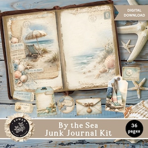 May include: A digital junk journal kit featuring an open book with beach scenes, seashells, and vintage postage stamps. Includes tags, labels, and envelopes with nautical themes. Text includes "DIGITAL DOWNLOAD," "By the Sea Junk Journal Kit," and "36 pages."