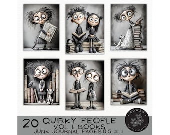 Whimsical Quirky People Digital Papers, Quirky Junk Journal Pages, Book Lovers, Graphics Bundle, Scrapbooking, Commercial Use