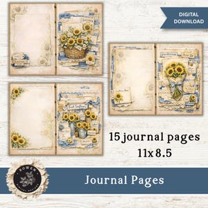 May include: A set of 15 digital journal pages measuring 11 by 8.5 inches, featuring vintage-style sunflower illustrations, blue gingham patterns, lace accents, and text labels like Sunflower Seeds, Market Notes, and Fresh Sunflowers.