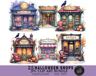Whimsical Halloween Shop Clipart Watercolor JPG for Junk Journaling, Digital Download for Scrapbooking, Cute Halloween Clipart