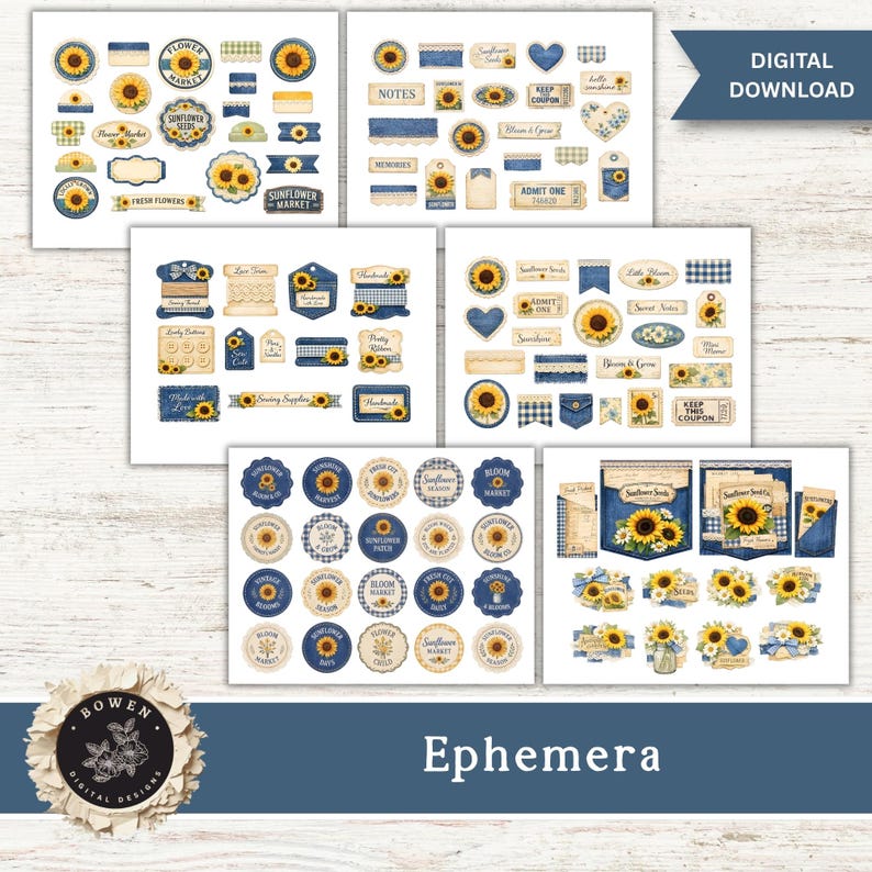 May include: A collection of digital ephemera featuring sunflower motifs, denim textures, and gingham patterns. The set includes various labels, tags, circular stickers, and pocket-style graphics with text like Sunflower Market, Notes, and Admit One.
