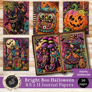 May include: A collection of digital Halloween journal papers featuring vibrant illustrations of a black cat, a candy-filled monster jar, a jack-o'-lantern, a haunted house, and a witch with boots. The set includes 30 pages measuring 8.5 x 11 inches.