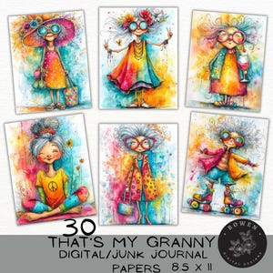 Cute Watercolor 30 Granny Papers, Quirky Old Lady Printable Images, Junk Journal, Scrapbooking, Funny Granny JPG, Grandma Digital Papers