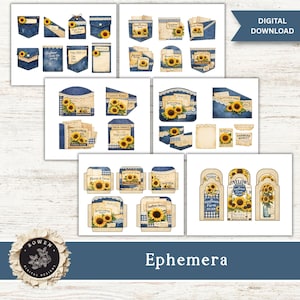 May include: A collection of digital ephemera featuring denim pocket designs, sunflower illustrations, and vintage-style paper labels. The graphics include blue gingham patterns, lace trim accents, and text such as Sunflower Seeds and Farmers Market.