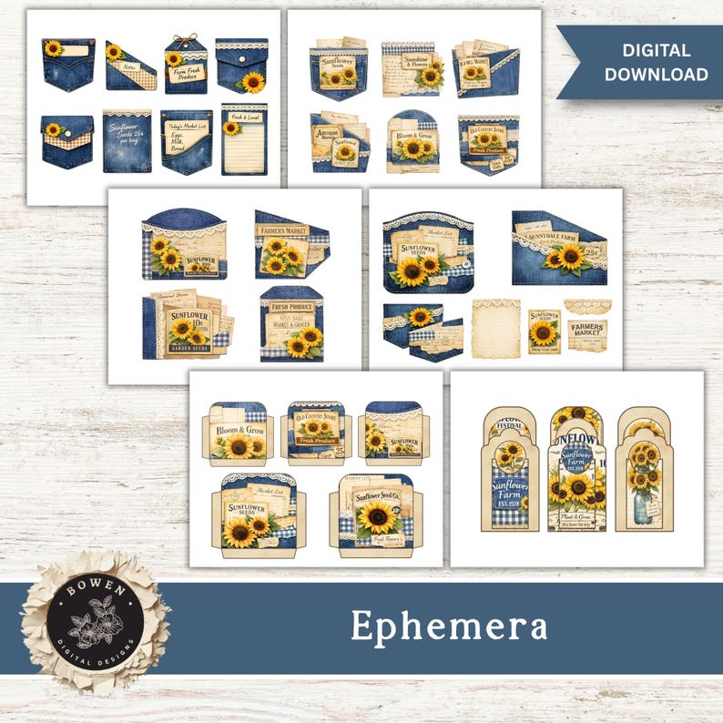 May include: A collection of digital ephemera featuring denim pocket designs, sunflower illustrations, and vintage-style paper labels. The graphics include blue gingham patterns, lace trim accents, and text such as Sunflower Seeds and Farmers Market.