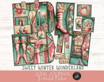 Sweet Winter Wonderland Junk Journal Trifold Folio Kit, Efemere kerstsnoep printables voor scrapbooking