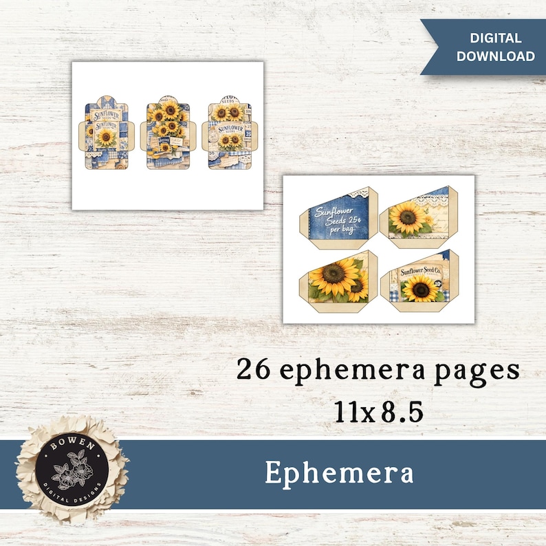 Denim and Sunflower Junk Journal Kit, Fussy Cuts, Printable Journal Pages, Tags, Ephemera, Folio Inserts, Summer Garden Journal Paper image 12