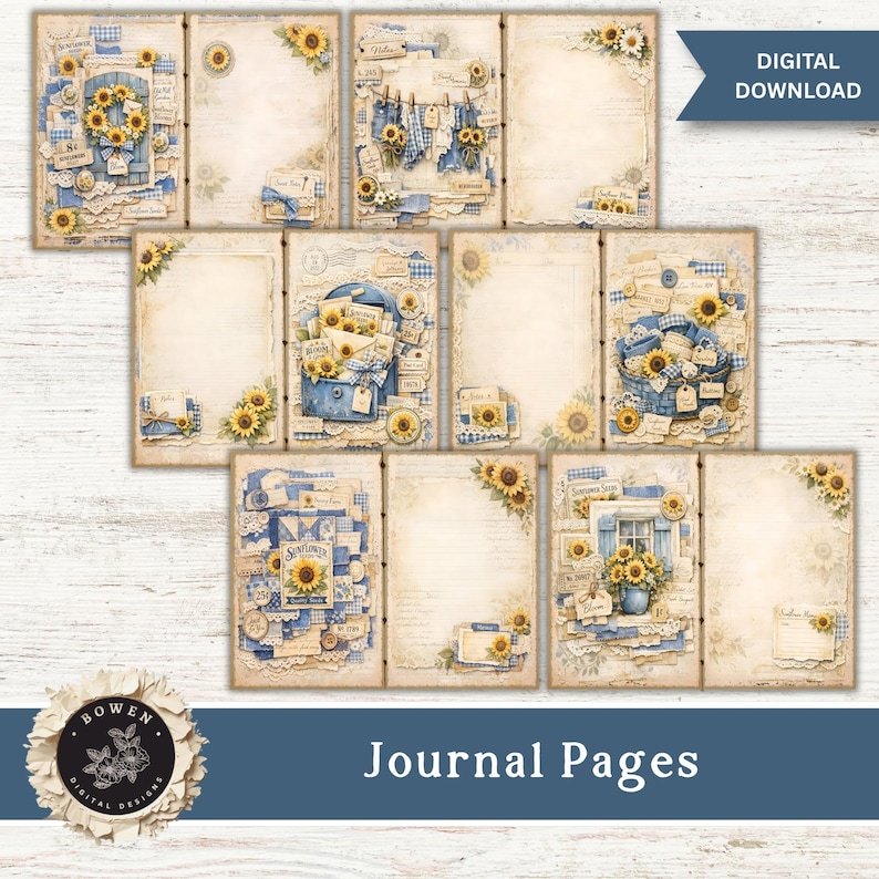 Denim and Sunflower Junk Journal Kit, Fussy Cuts, Printable Journal Pages, Tags, Ephemera, Folio Inserts, Summer Garden Journal Paper image 6