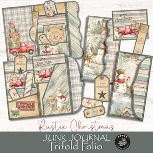 Pode incluir: Uma coleção de páginas de folheto trifold de diário de lixo com tema de Natal rústico. As páginas apresentam ilustrações de bonecos de neve, caminhões vermelhos carregando presentes e cenas de inverno. A paleta de cores inclui tons de vermelho, azul e bege. O texto "Rustic Christmas" e "Junk Journal Trifold Folio" são visíveis.